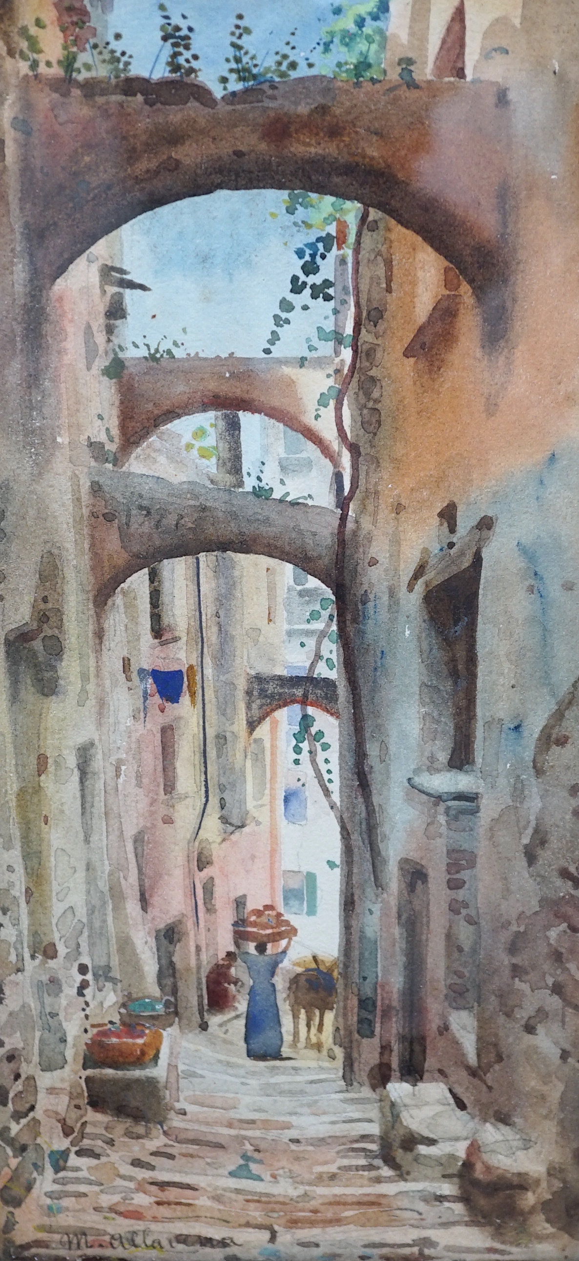 Michele Allavena, pair of watercolours, Neapolitan street scenes, signed, 25 x 12cm